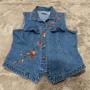 Bill Blass Women Vintage Rose Embroidered , Rhinestone Denim Jean Vest  Size M